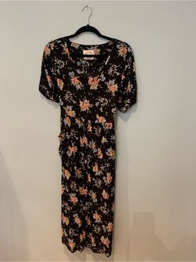 Erika Black Vintage Midi Dress with Pink and Lavender Floral Print